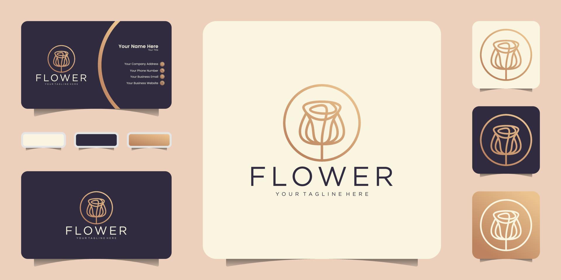 minimalistic abstract flower logo in line art style and business card inspiration vector