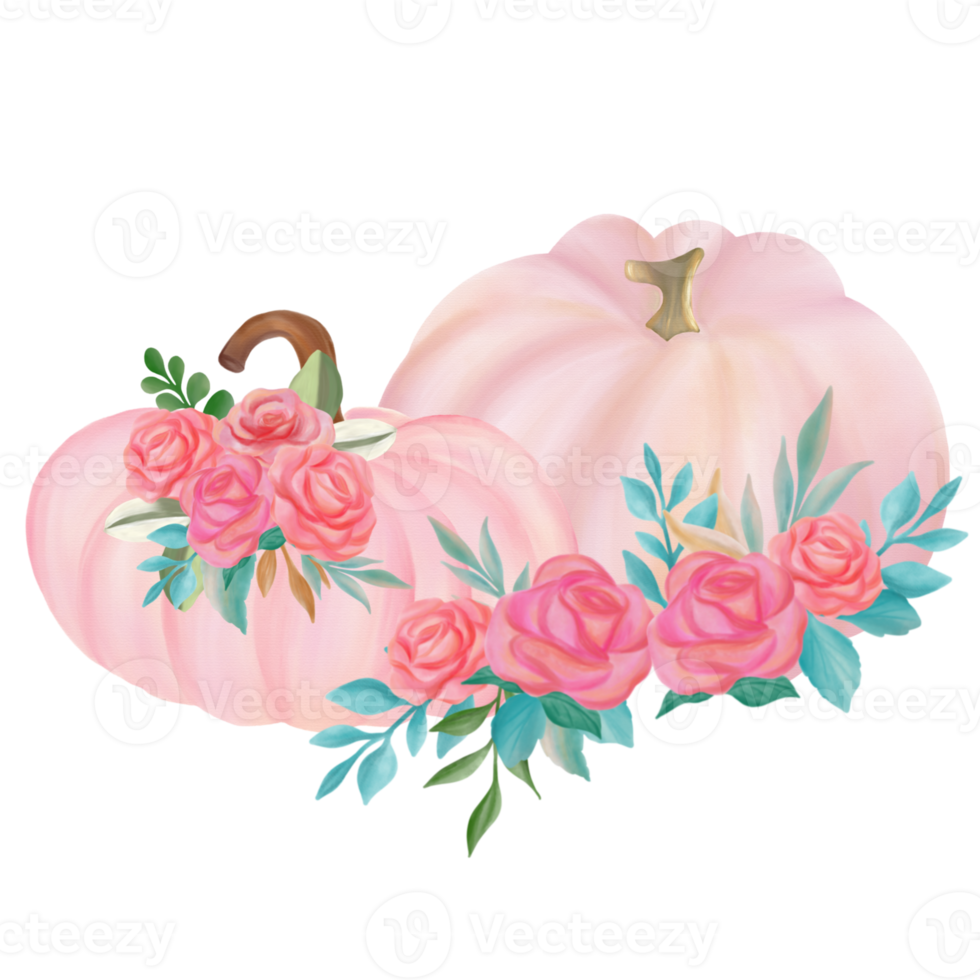 Pink fall pumpkin with flower bouquet watercolor png