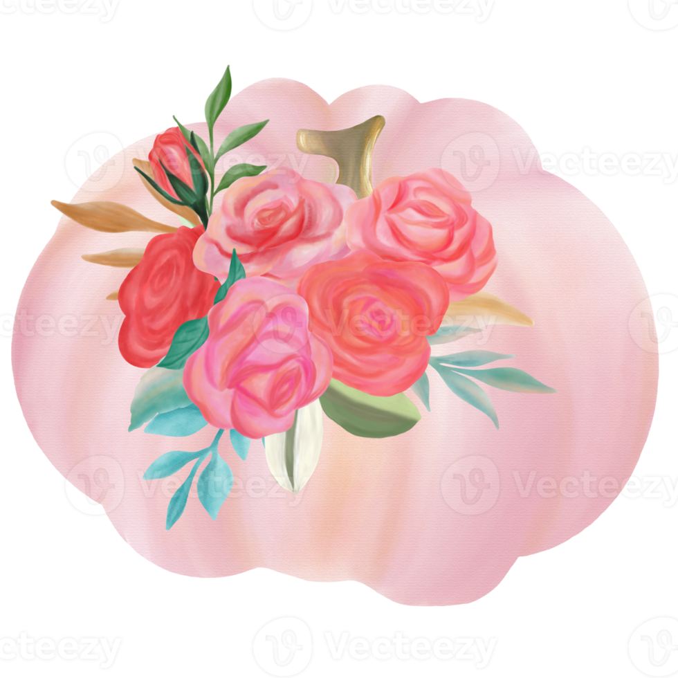 Pink fall pumpkin with flower bouquet watercolor png