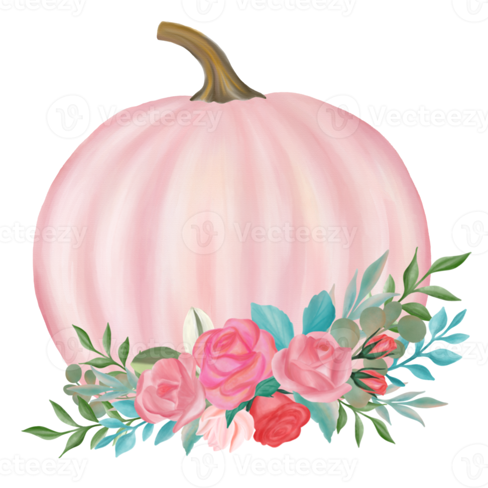 Pink fall pumpkin with flower bouquet watercolor png