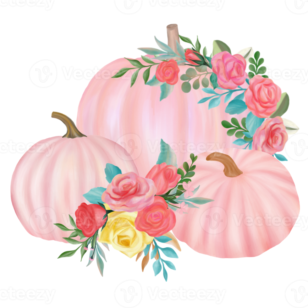 Pink fall pumpkin with flower bouquet watercolor png