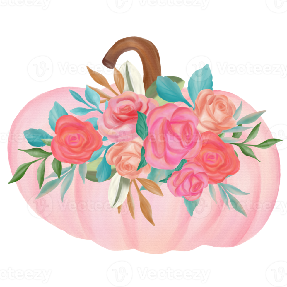 Pink fall pumpkin with flower bouquet watercolor png