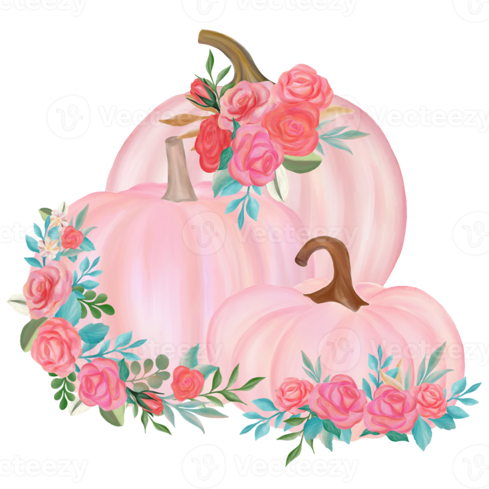 Pink fall pumpkin with flower bouquet watercolor png