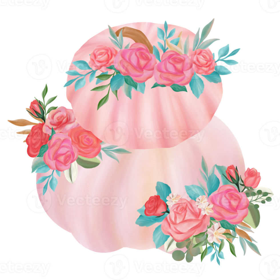 Pink fall pumpkin with flower bouquet watercolor png
