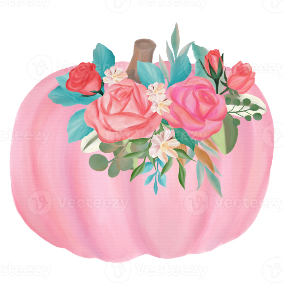 Pink fall pumpkin with flower bouquet watercolor png
