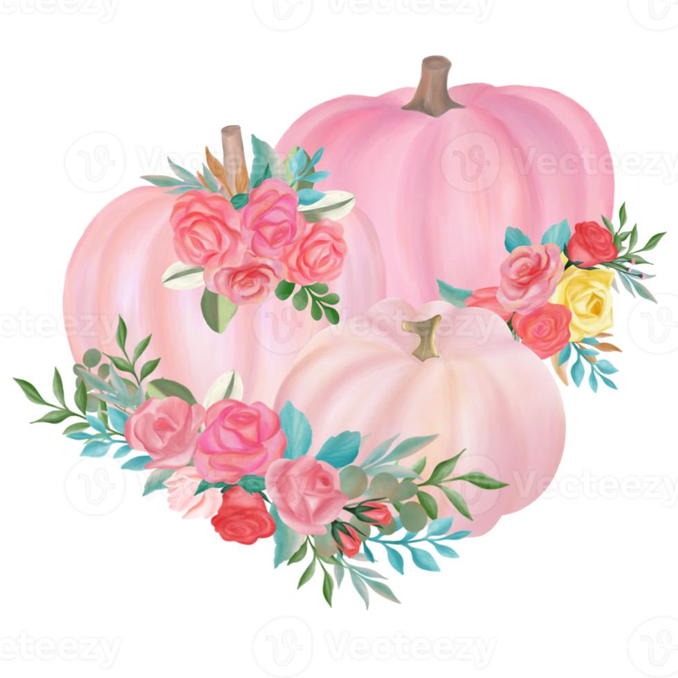 Pink fall pumpkin with flower bouquet watercolor png