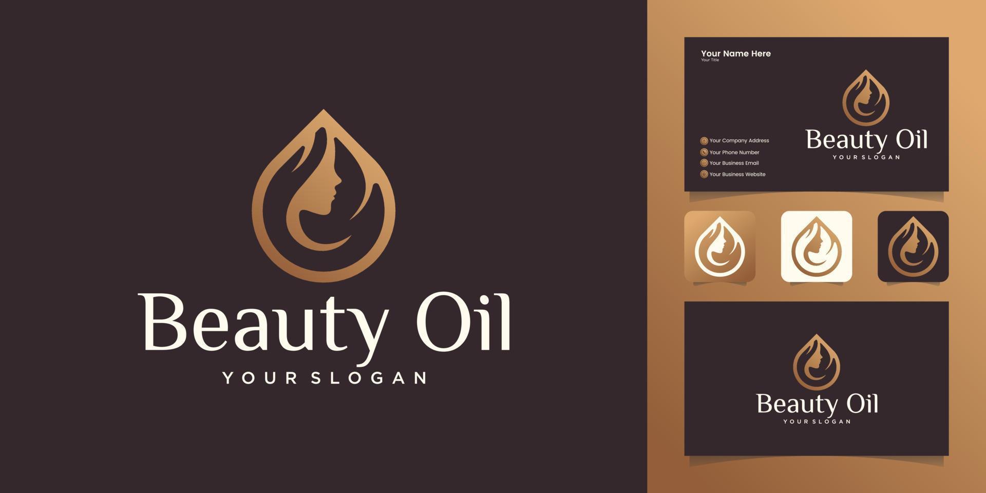 diseño de logotipo de aceite de belleza de mujer con cara de mujer y plantilla de diseño de aceite de oliva y tarjeta de visita vector