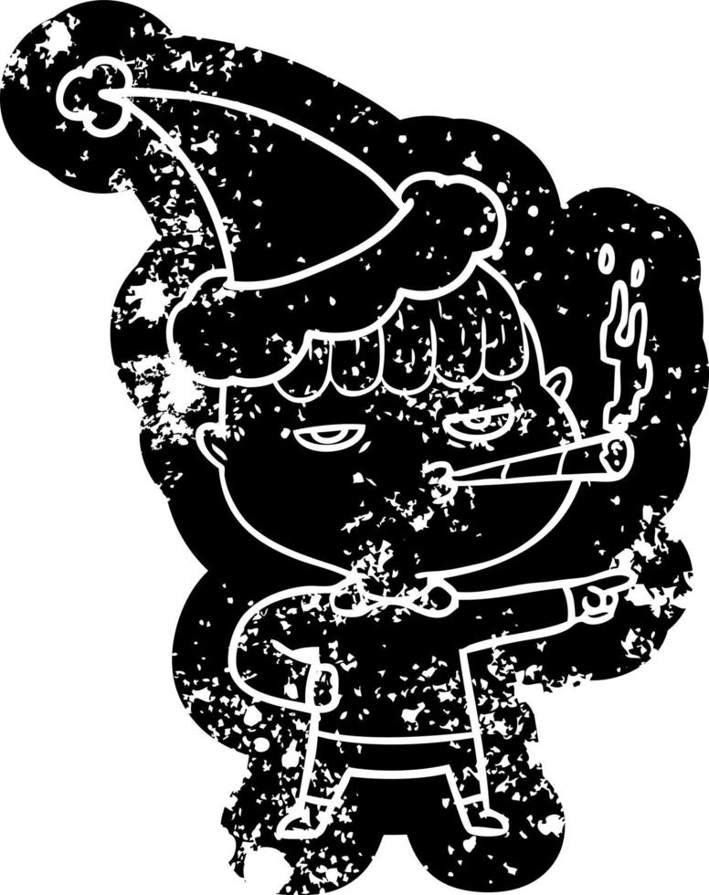 cartoon distressed icon of a man smoking wearing santa hat vector