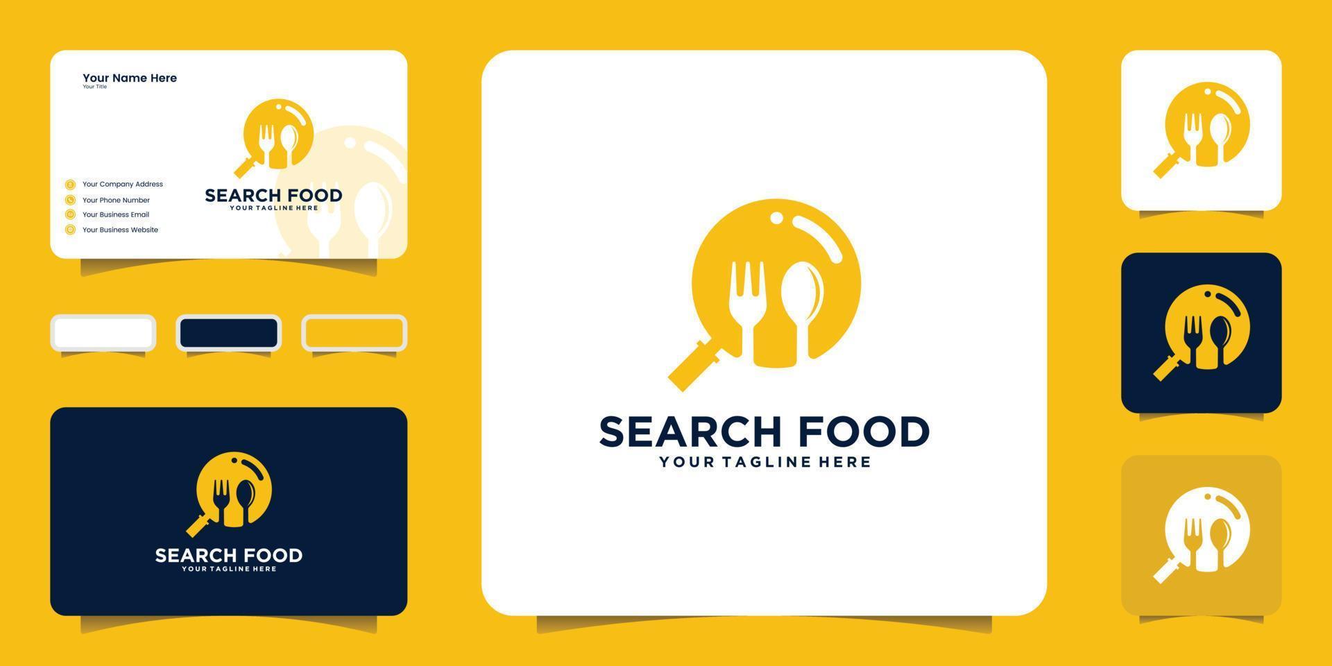 food search, with magnifying glass and cutlery logo and business card design vector