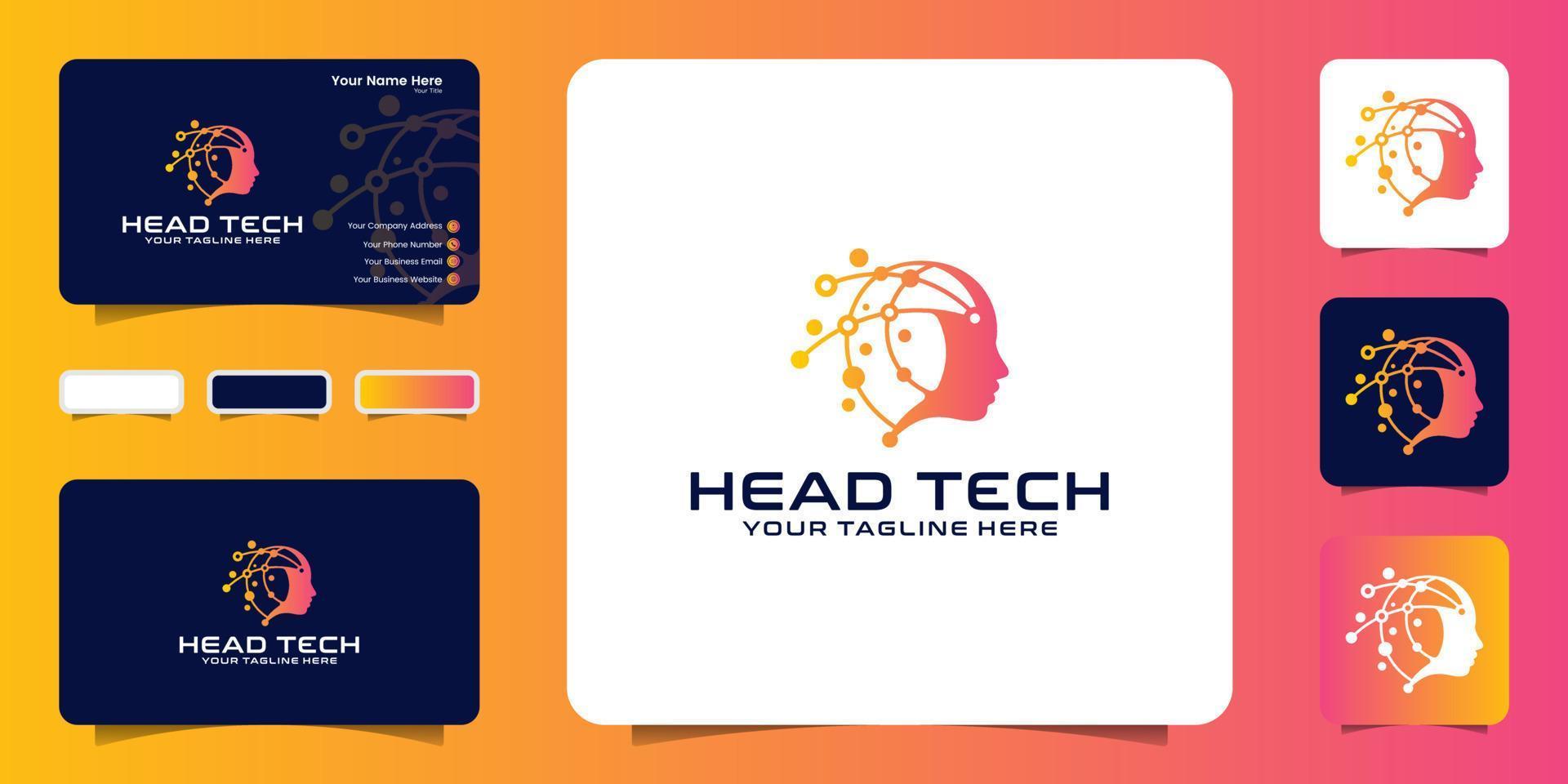 technology head logo design inspiration with connection lines and business cards vector