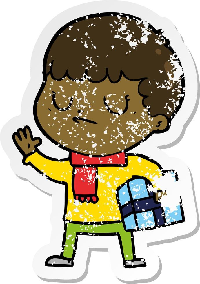 distressed sticker of a cartoon grumpy boy vector