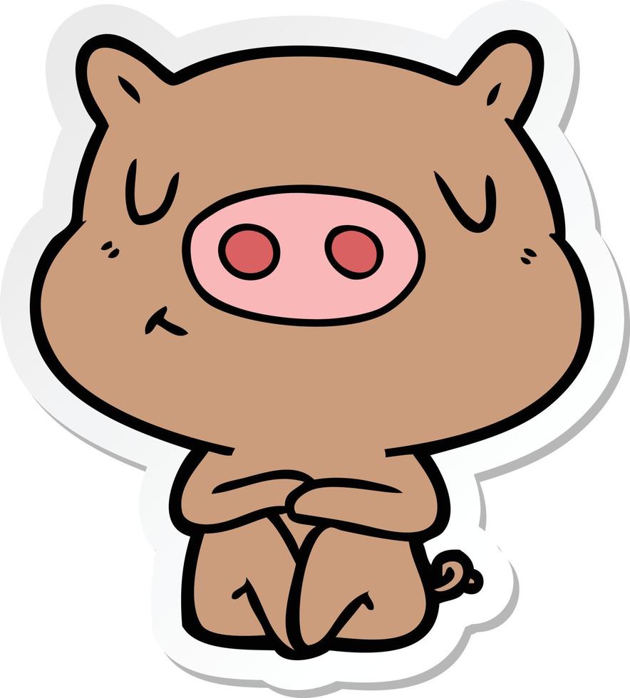 sticker of a cartoon content pig meditating vector