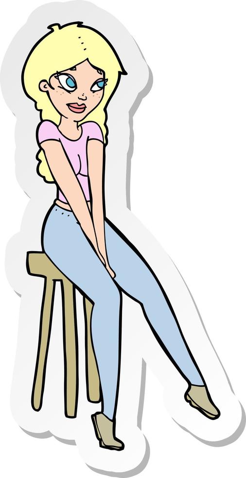 pegatina de una chica bonita de dibujos animados en un taburete vector