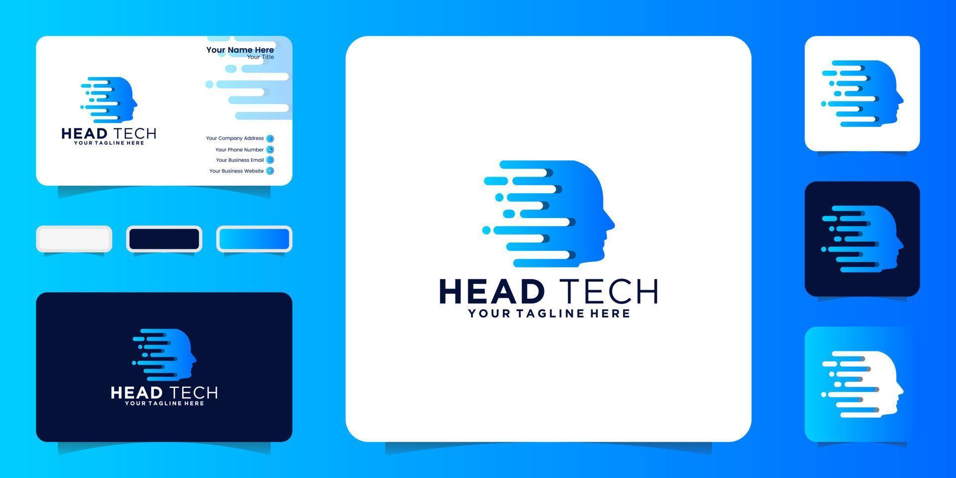 digital technology human head logo design inspiration and business card vector