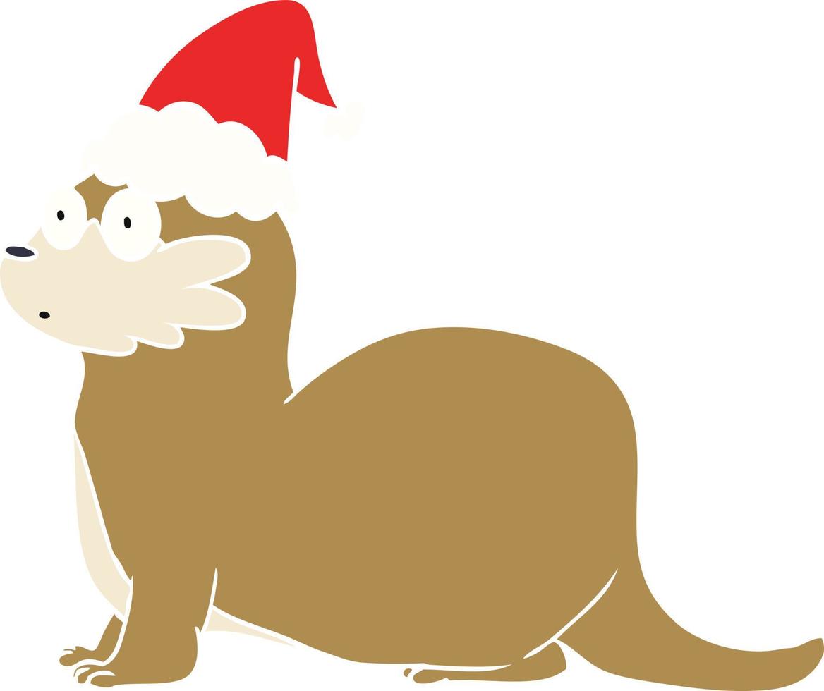 flat color illustration of a otter wearing santa hat vector