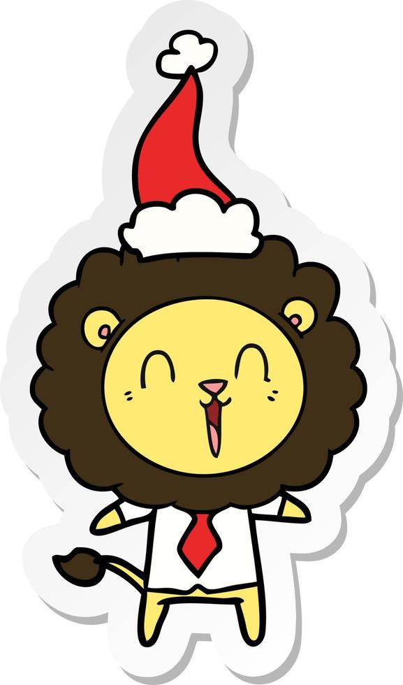 laughing lion sticker cartoon of a wearing santa hat vector