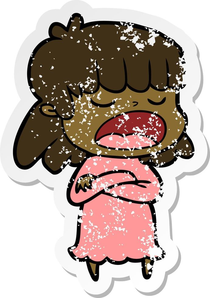 distressed sticker of a cartoon woman talking loudly vector