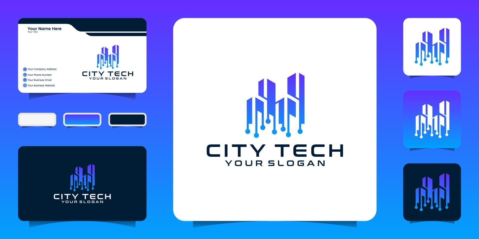 plantilla de logotipo de tecnología de la ciudad y tarjeta de visita vector