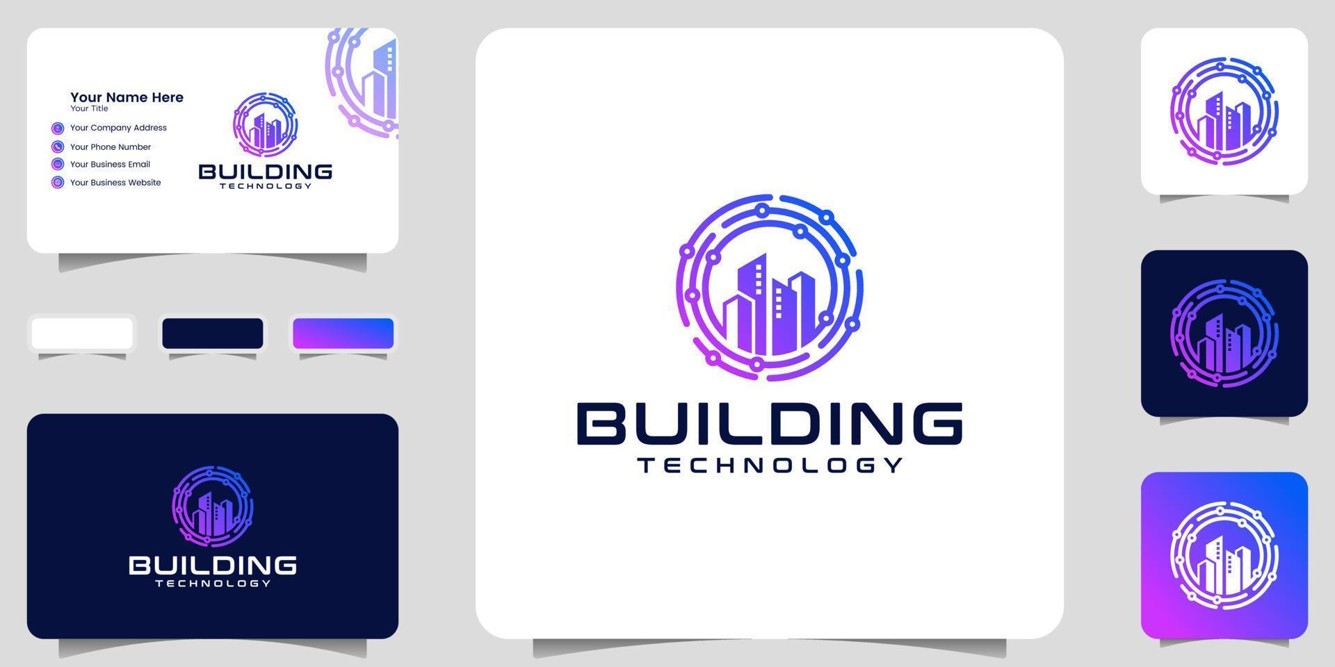 building logo and technology circle data design template and business card vector