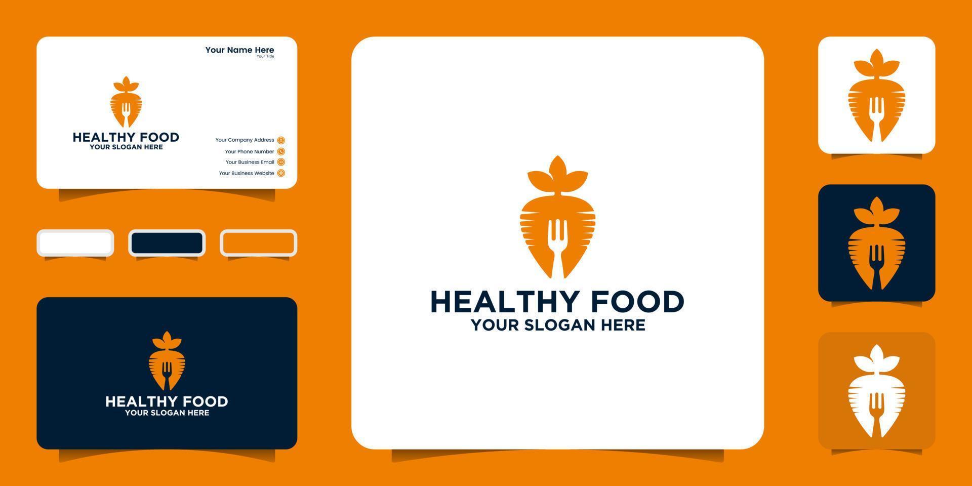 healthy food logo design inspiration with carrot and fork design inspiration and business card vector