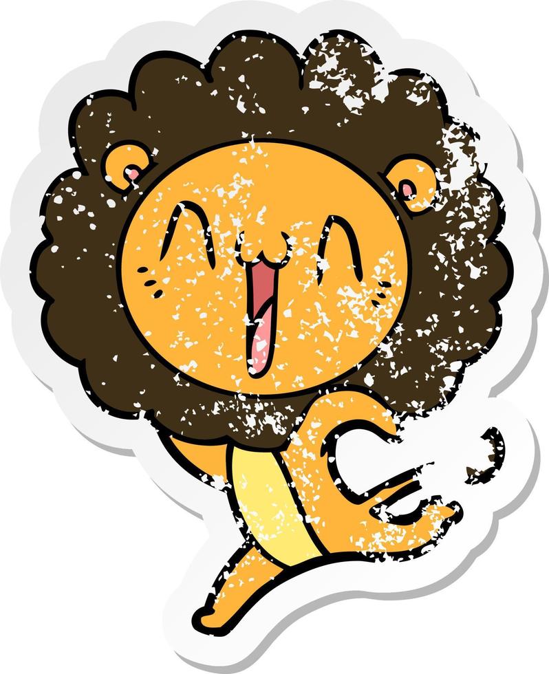 distressed sticker of a happy cartoon lion vector