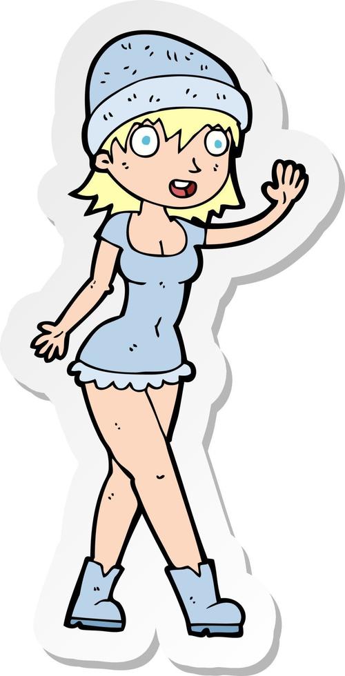 sticker of a cartoon pretty girl in hat waving vector
