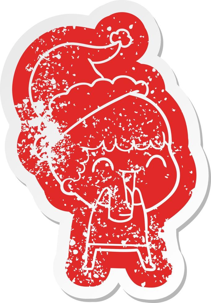 cartoon distressed sticker of a happy man wearing santa hat vector