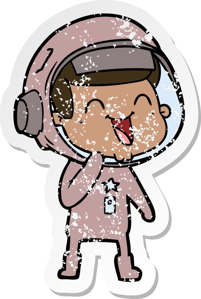 distressed sticker of a happy cartoon astronaut vector