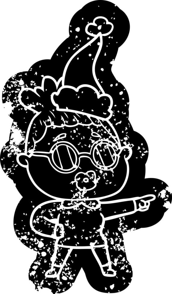 cartoon distressed icon of a pointing woman wearing spectacles wearing santa hat vector