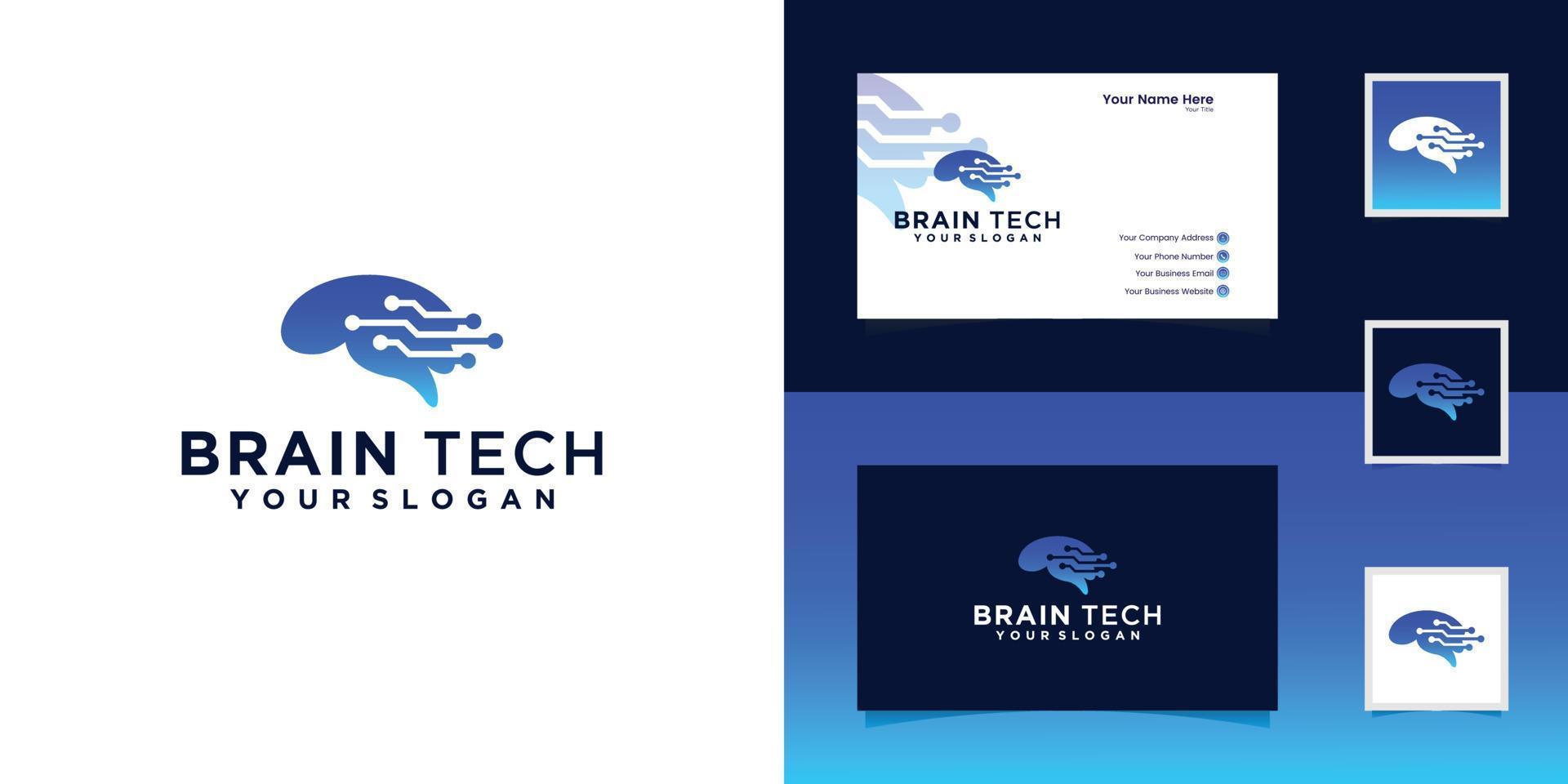 plantilla de logotipo de idea digital inteligente de tecnología cerebral y tarjeta de visita vector