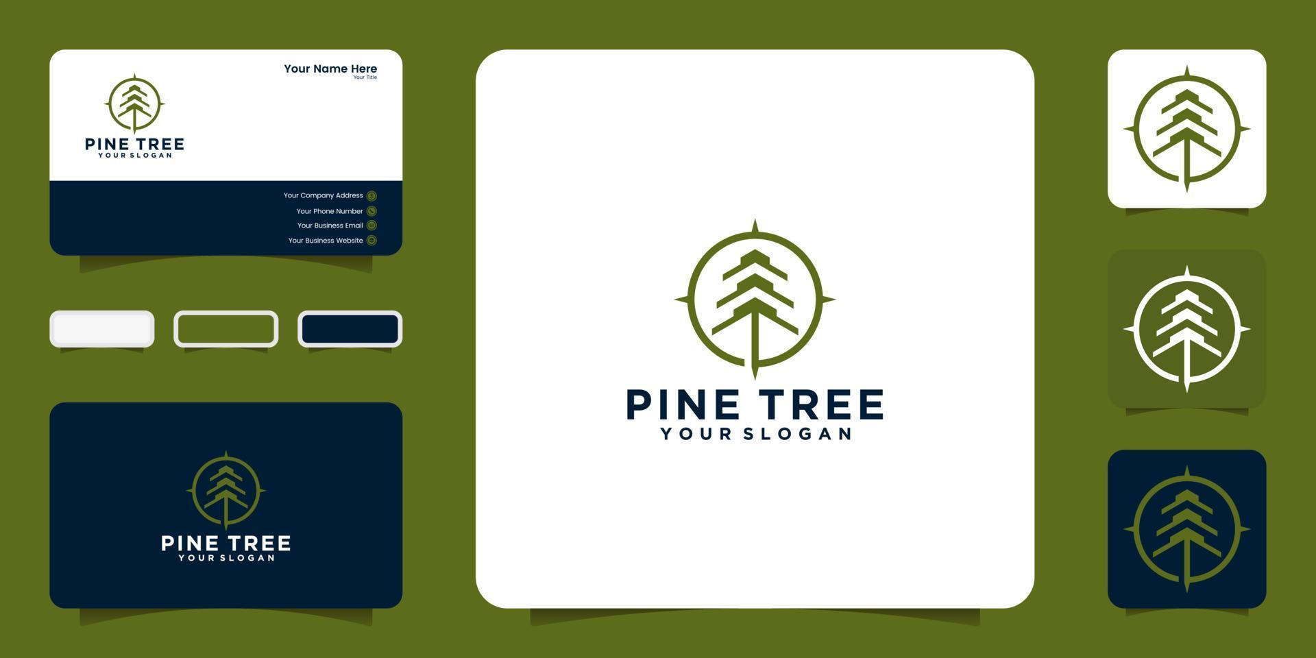 pine tree logo with arrow and compass pointer design, icon, symbol and business card inspiration vector