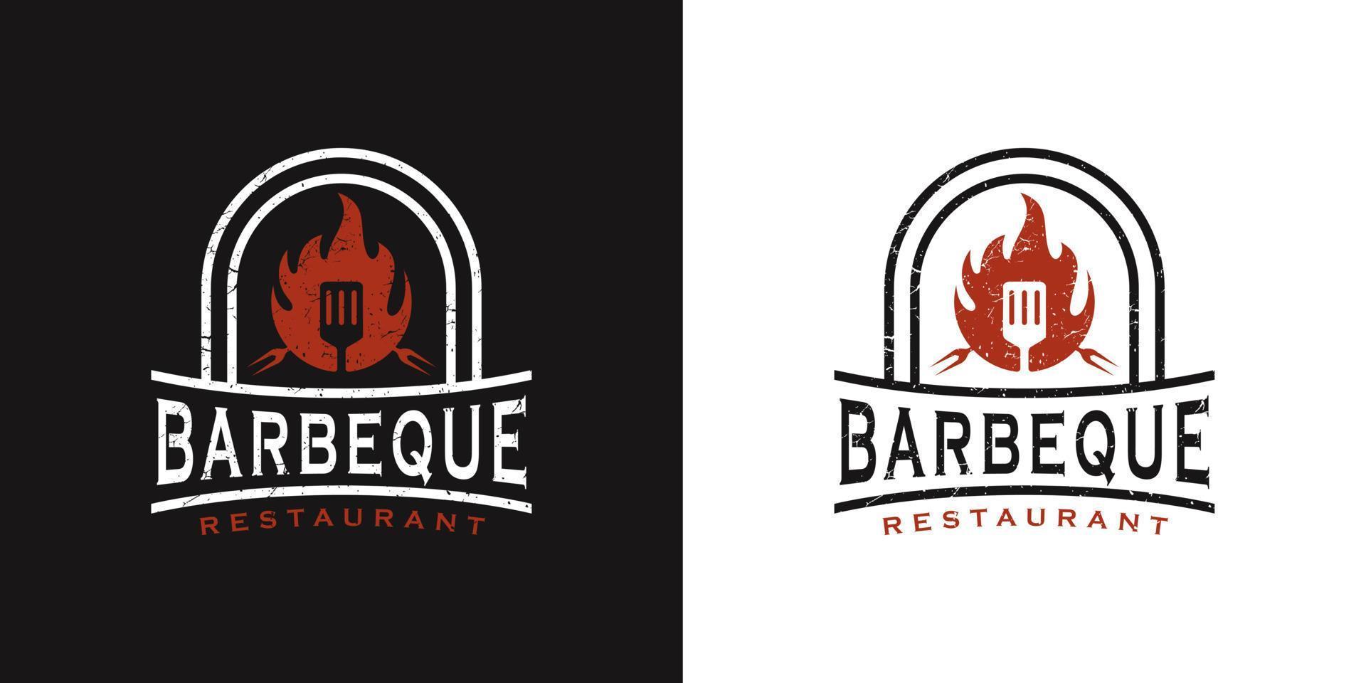 logotipo de diseño vintage retro barbacoa con logotipo de espátula y concepto de fuego en combinación vector