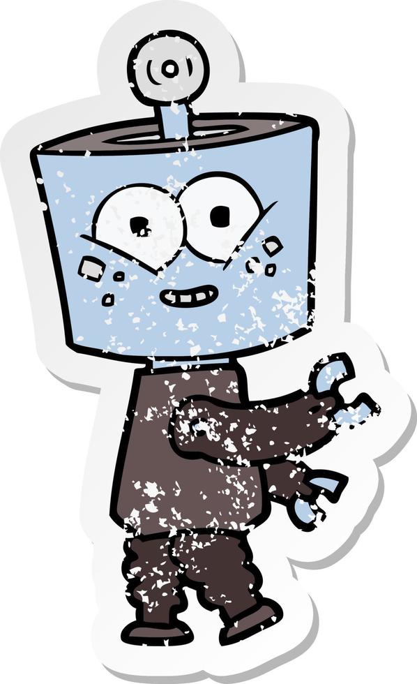 distressed sticker of a happy cartoon robot vector