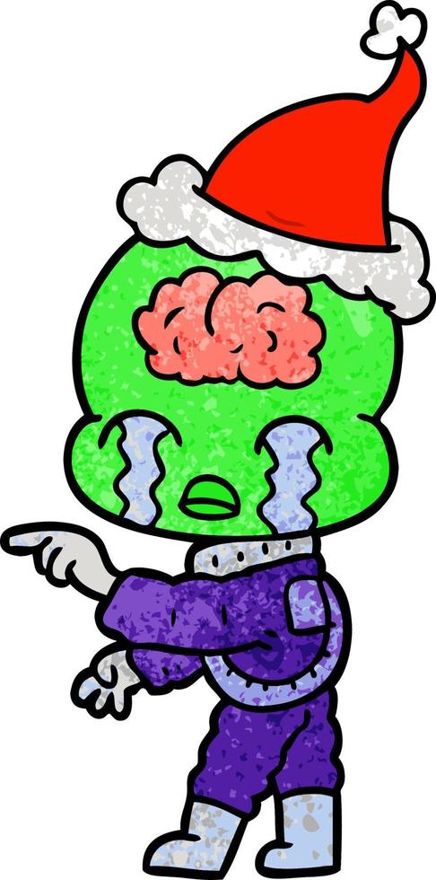 textured cartoon of a big brain alien crying and pointing wearing santa hat vector