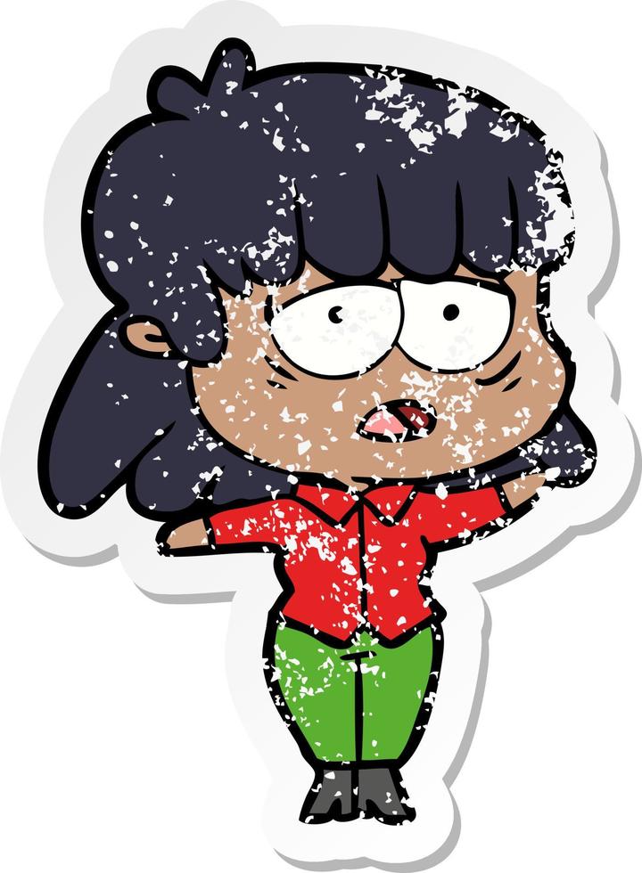 distressed sticker of a cartoon tired woman vector