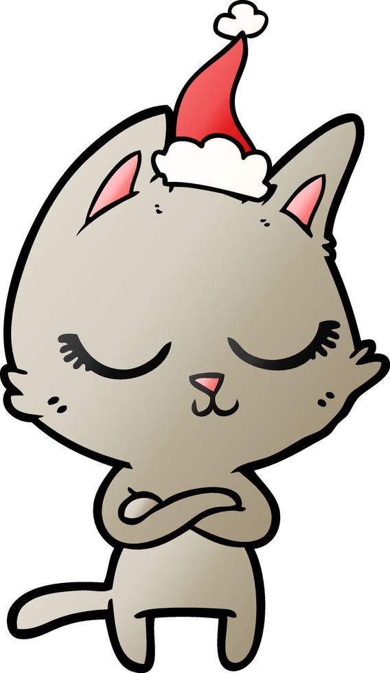 calm gradient cartoon of a cat wearing santa hat vector