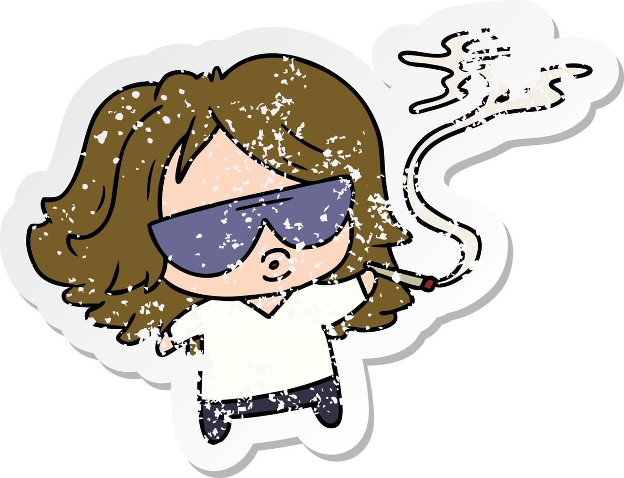 distressed sticker cartoon cute kawaii smoking a joint vector