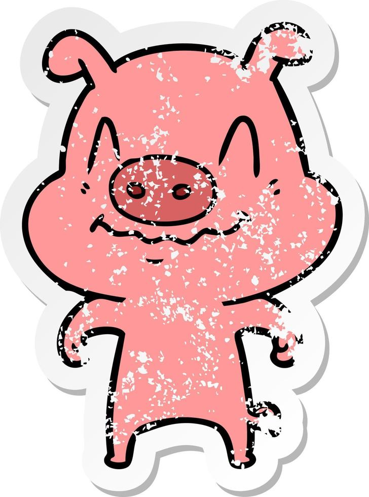 distressed sticker of a nervous cartoon pig vector