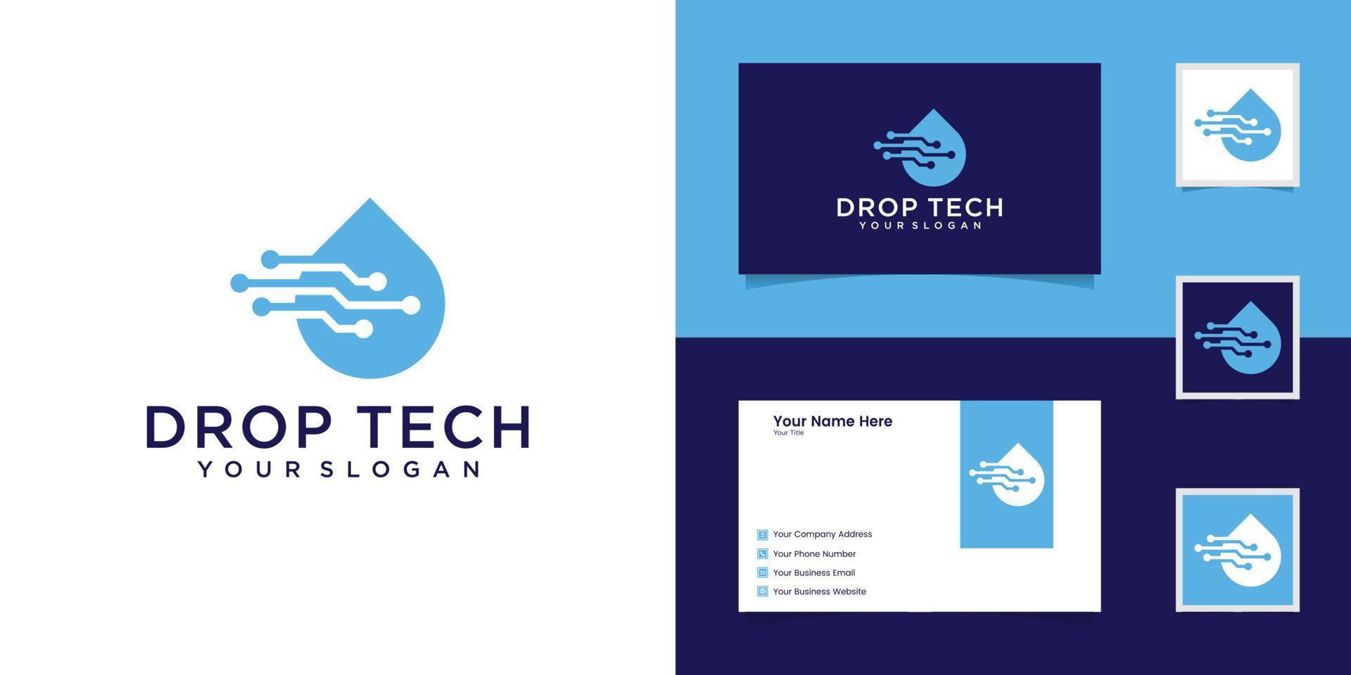 Drop tech logo with line art style and business card design vector