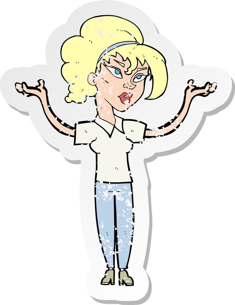 pegatina retro angustiada de una mujer de dibujos animados levantando las manos en el aire vector