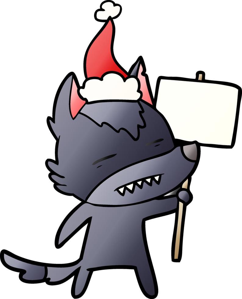 gradient cartoon of a wolf with sign post showing teeth wearing santa hat vector