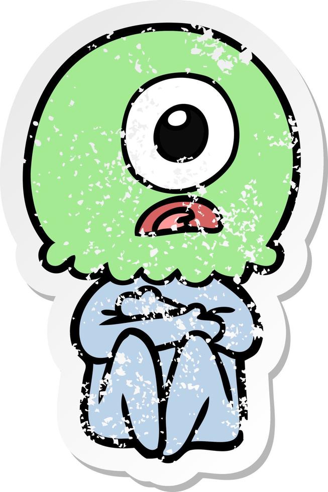 distressed sticker of a cartoon cyclops alien spaceman vector