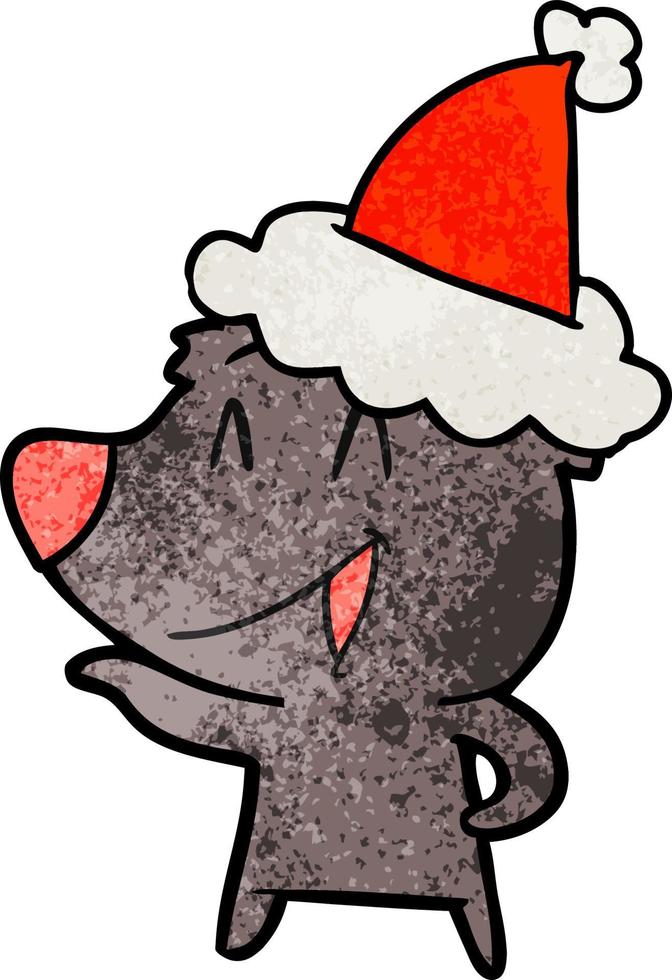 laughing bear textured cartoon of a wearing santa hat vector