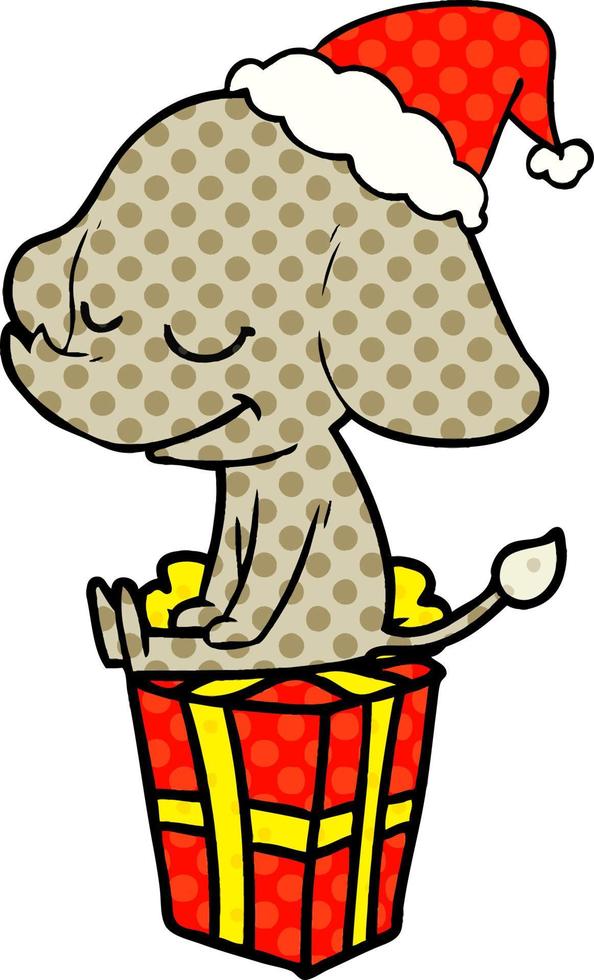 comic book style illustration of a smiling elephant wearing santa hat vector