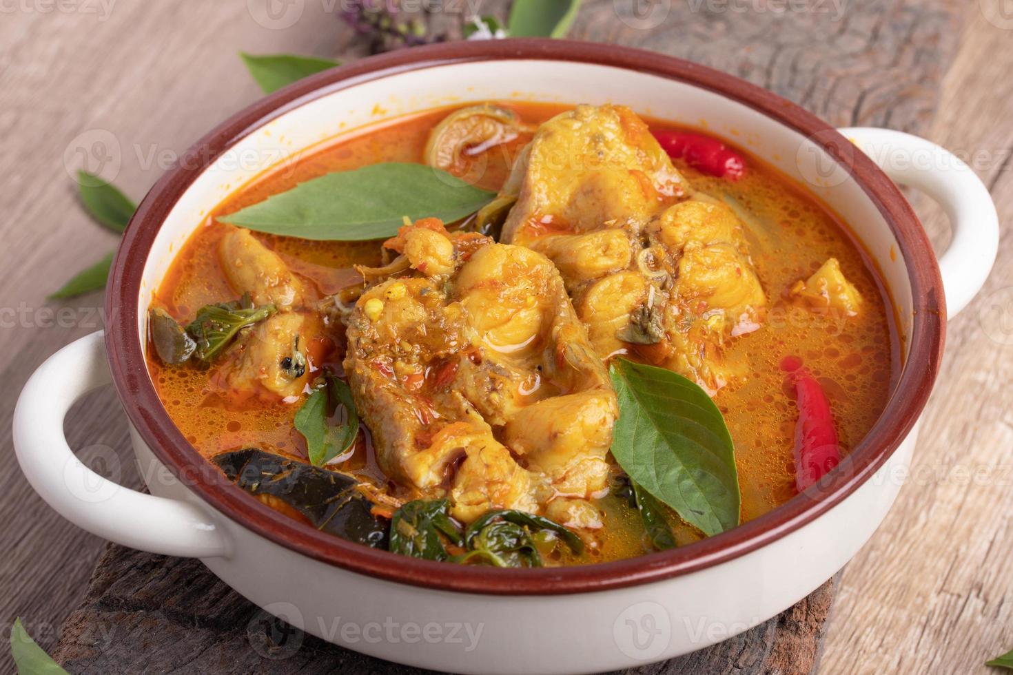 Catfish Curry. Thai food on dark background. Traditional food concept. Top View, Flat Lay, Copy Space photo