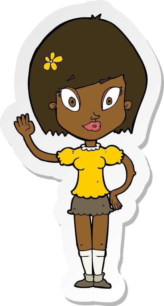 sticker of a cartoon pretty girl waving vector