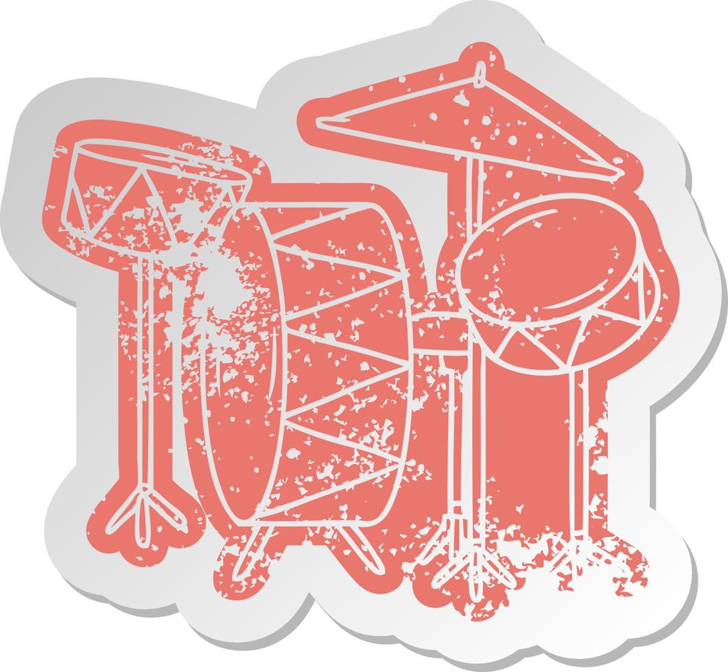 distressed old sticker of a drum kit vector