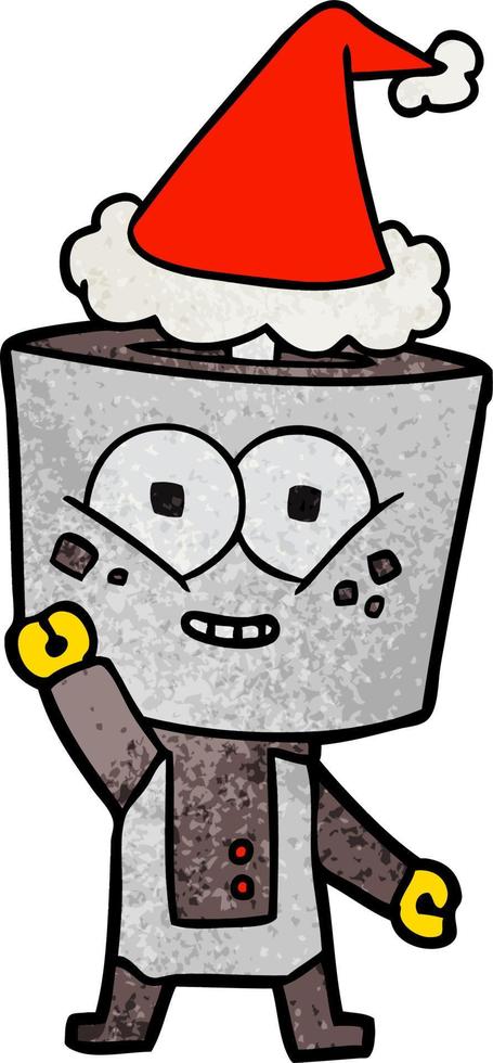 happy textured cartoon of a robot waving hello wearing santa hat vector
