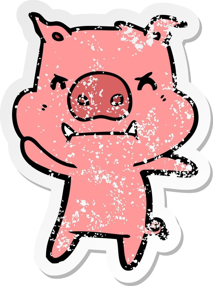 distressed sticker of a angry cartoon pig vector