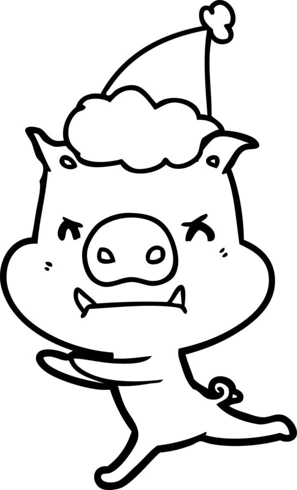 angry line drawing of a pig wearing santa hat vector